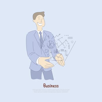 Young manager, analyst holding financial statistics hologram, business activity metaphor, entrepreneurship banner. Successful businessman, entrepreneur concept cartoon sketch. Flat vector illustration