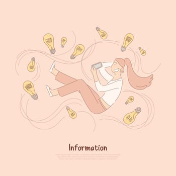 Happy young girl holding smartphone, woman surrounded with light bulbs, brainstorm metaphor, inspiration banner. Creative new idea generation concept cartoon sketch. Flat vector illustration