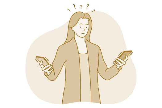 Frustration, doubt, difficult choice concept. Young thinking woman cartoon character standing with two ringing smartphones in hands and trying to decide which to answer first