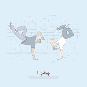 Young sportive dancers, teenagers dancing breakdance, stylish acrobatic performance, street hip hop banner. Urban freestyle, modern culture concept cartoon sketch. Flat vector illustration