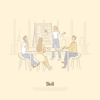 Skill improvement, success achievement training courses, office presentation, competence education banner. Business coaching, company briefing concept cartoon sketch. Flat vector illustration