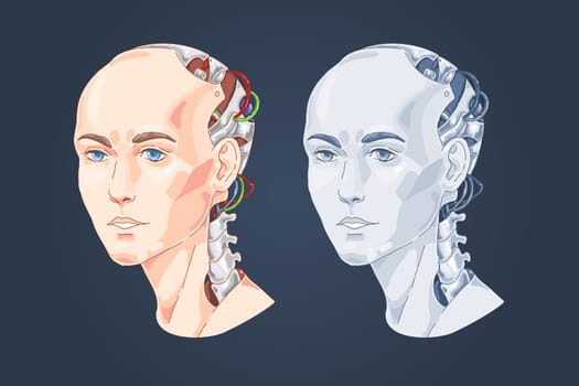 Smart robot with woman face, human head shaped computer, futuristic technology, ai, digital innovation. Artificial intelligence, machine learning concept cartoon sketch. Flat vector illustration