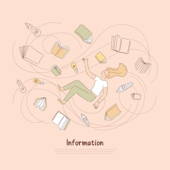 Smart student surrounded with books and light bulbs, exams preparation, learning process, education banner. Information gathering, knowledge gaining concept cartoon sketch. Flat vector illustration