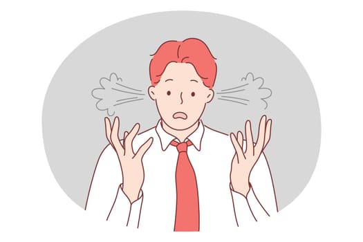 Stress, burnout, lack of attention concept. Young unhappy frustrated man office worker standing and expressing feeling totally broken stressed and overworked at workplace vector illustration