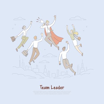 Superhero in cape, happy businessman holding megaphone, employees follow boss, successful team leader banner. Leadership skill, business people concept cartoon sketch. Flat vector illustration