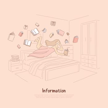 Smiling girl reading enthusiastically, happy reader surrounded with books, information consumption, literature banner. Bookworm pastime, studying pupil concept cartoon sketch. Flat vector illustration