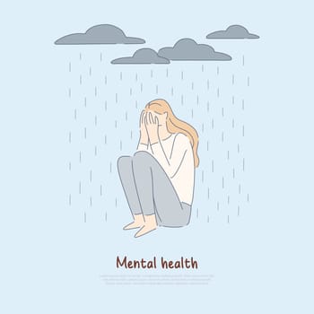 Lonely woman under raining clouds, depressed girl sit alone, bad mood, psychological disorder, depression banner. Frustration, mental health problem concept cartoon sketch. Flat vector illustration