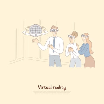 Cheerful man and excited girls in vr headsets, teacher showing students Earth hologram, augmented reality banner. Business and education technology concept cartoon sketch. Flat vector illustration