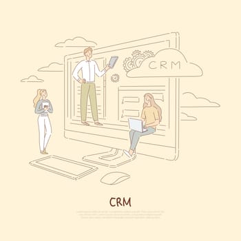 Client support system, company communication service, young colleagues analyzing data, crm software banner. Customer relationship management concept cartoon sketch. Flat vector illustration