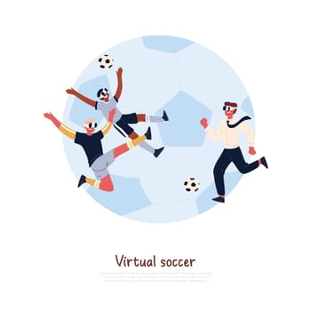 Futuristic entertainment, pastime for children and adults, men in vr headsets playing football, video game banner. Virtual soccer, active leisure concept cartoon sketch. Flat vector illustration