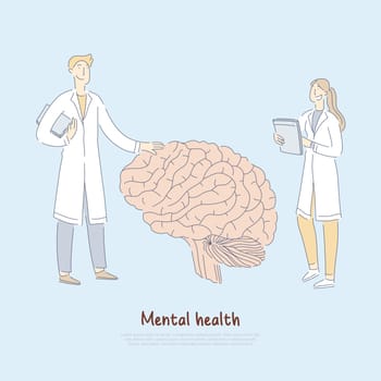 Doctors examining huge human brain, psychiatry, professional assistance, neurobiology, psychology banner. Mental health problems treatment concept cartoon sketch. Flat vector illustration