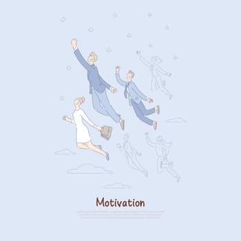 Goal achievement progress, men and women reaching for sky, business competition metaphor, motivation banner. Corporate workers flying upwards concept cartoon sketch. Flat vector illustration