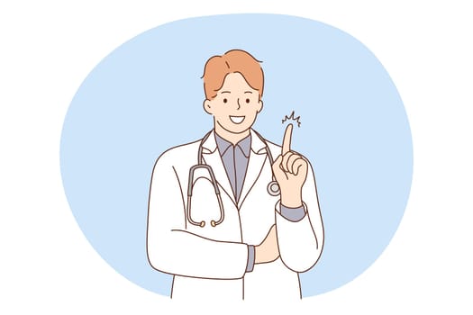 Doctor, medicine, healthcare concept. Young smiling man doctor therapist in white uniform cartoon character standing and showing having idea with finger. Medicare, therapist, pharmacist illustration