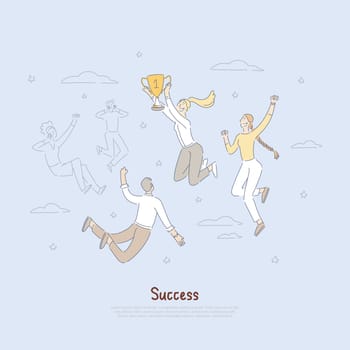 Happy young businesswoman holding champion trophy, leadership metaphor, corporate achievement banner. Business, sport success celebration concept cartoon sketch. Flat vector illustration