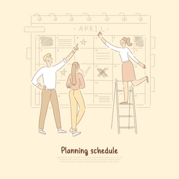 Workflow optimization, business development team, efficiency, productivity increase, time management banner. Colleagues planning working schedule concept cartoon sketch. Flat vector illustration