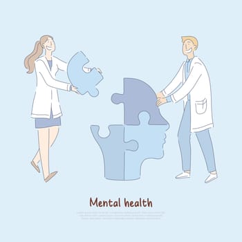 Cheerful doctors assembling human head shaped jigsaw puzzle, mental treatment metaphor, psychologist profession banner. Professional medical assistance concept cartoon sketch. Flat vector illustration