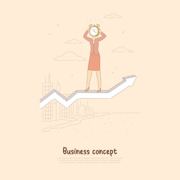 Successful businesswoman with alarm clock on head standing on rising arrow, surreal time management banner. Workflow optimization, career growth concept cartoon sketch. Flat vector illustration