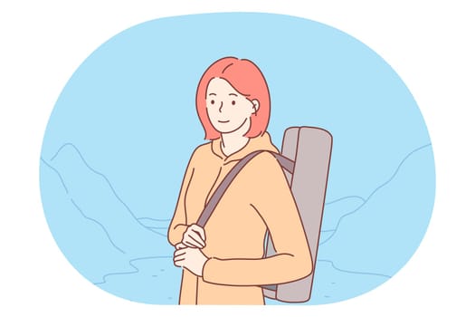 Hiking, traveling on nature, mountain tourism concept. Young happy girl cartoon character tourist backpacker hiker standing during journey with mountain valley on background vector illustration