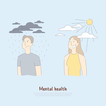 Sad man under raining clouds and happy woman, psychology, medical assistance, health care, mental condition banner. Depression and joy metaphor concept cartoon sketch. Flat vector illustration