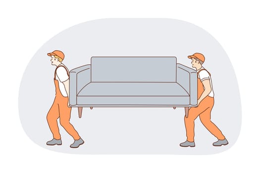 Part-time job, career, manual work concept. Young men professional loaders in orange working uniform carrying sofa to customers flat. Job specialist, working sphere illustration