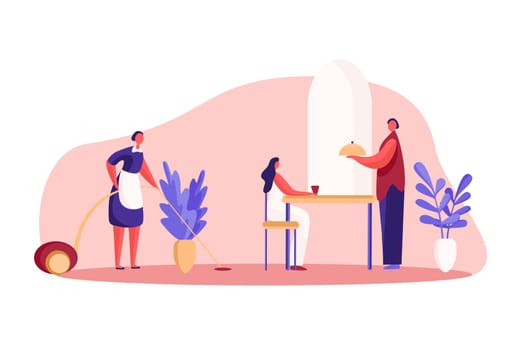 Hotel resident having breakfast, guesthouse room service, maid cleaning, waiter holding serving tray, luxury lifestyle. Rich woman with servants concept cartoon sketch. Flat vector illustration