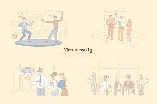 Virtual reality in daily life, man in VR glasses training martial arts, presentation on AR board, 3d modelling banner. Virtual city sightseeing tour concept cartoon sketch. Flat vector illustration