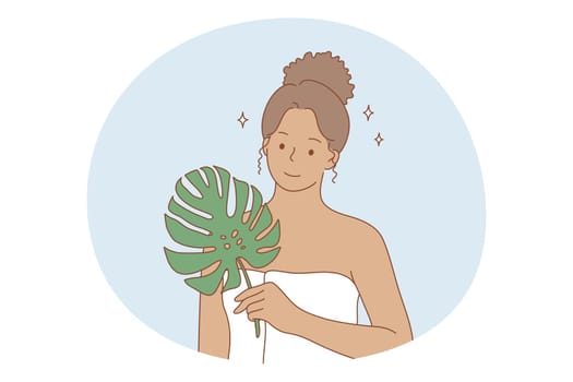 Woman natural beauty concept. Young smiling black african american woman cartoon character standing and holding fresh green leaf in hands in summer vector illustration