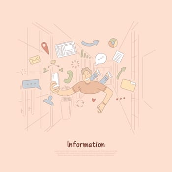 Cheerful man with smartphone surrounded with internet icons, mobile communication technology, online browsing banner. Social media leisure, pastime concept cartoon sketch. Flat vector illustration