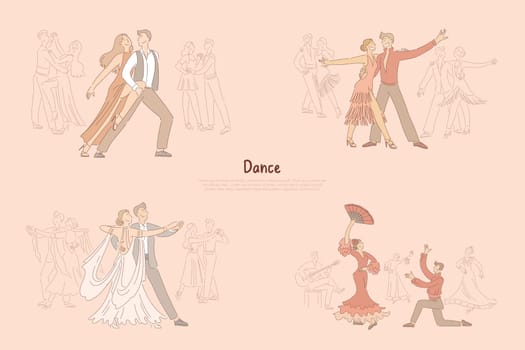 Ballroom dancers performance, couples dancing tango, rumba, foxtrot, passionate flamenco banner. Choreography art, competition in latino program concept cartoon sketch. Flat vector illustration