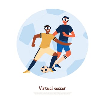 Cheerful teenagers in sportswear and vr glasses, children playing virtual soccer, digital sport banner. Video game, futuristic entertainment concept cartoon sketch. Flat vector illustration