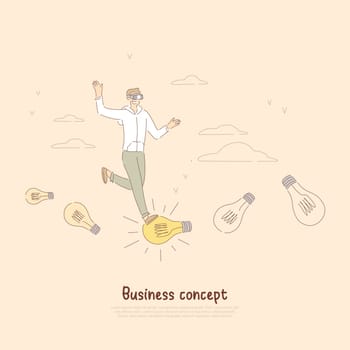 Young businessman, cheerful entrepreneur in vr headset, entrepreneurship metaphor, business innovation banner. Brainstorm, creative startup idea concept cartoon sketch. Flat vector illustration