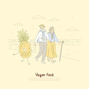 Happy old man and woman on walk, seniors couple holding hands with smiling pineapple, vegetarian food banner. Organic nutrition, outdoor stroll concept cartoon sketch. Flat vector illustration