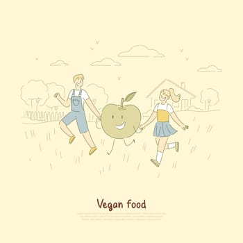 Cheerful little children on stroll, boy and girl holding hands with delicious friendly apple, vegan food banner. Healthy nutrition, natural fruit concept cartoon sketch. Flat vector illustration