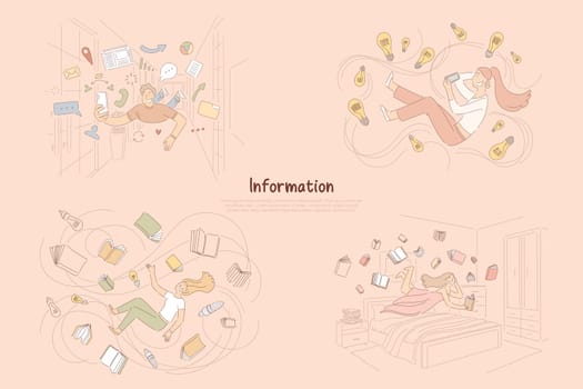 Information flow, traditional vs modern sources of knowledge, people reading, chatting online banner. Self-education, exam preparation metaphor concept cartoon sketch. Flat vector illustration