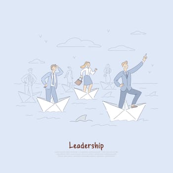 Brave businessman and employees sailing on paper boats, business development metaphor, leadership abilities banner. Workers following team leader concept cartoon sketch. Flat vector illustration