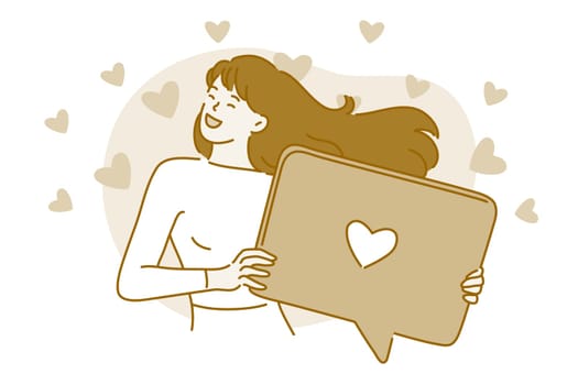 Love, online dating, messaging concept. Young happy smiling woman cartoon character standing holding laptop or message bubble in hands with hearts meaning love and virtual dating with boyfriend