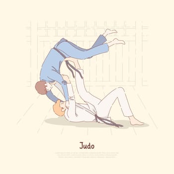 Japanese martial arts sparring, young fighters, trainer and student in kimono practicing throw, judo school banner. Eastern single combat concept cartoon sketch. Flat vector illustration