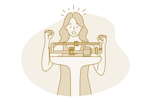 Losing weight, slim, diet concept. Young positive woman cartoon character feeling happy and glad to see losing kilos on scales and reducing in weight vector illustration