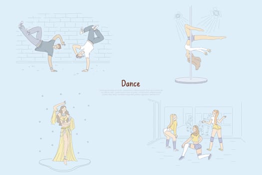 Modern and traditional choreography, break dancers doing tricks, twerking, belly-dance graceful pole dancer banner. Contemporary urban dance culture concept cartoon sketch. Flat vector illustration