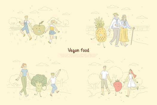 Vegan food fans, people walking with fruits and berries metaphor, kawaii broccoli, apple with kids banner. Vegetarian nutrition for all generations concept cartoon sketch. Flat vector illustration