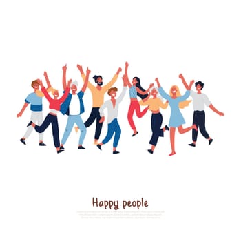 Happy people with joyful gesturing, smiling adults, excited young boys, girls jumping, music festival visitors dancing banner. Positive life attitude concept cartoon sketch. Flat vector illustration