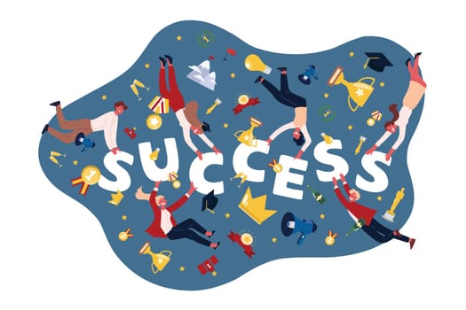 Successful people, sportsmen with trophies, cups, golden medals, actors receiving awards, students getting diploma banner. Victorious moments concept cartoon sketch. Flat vector illustration