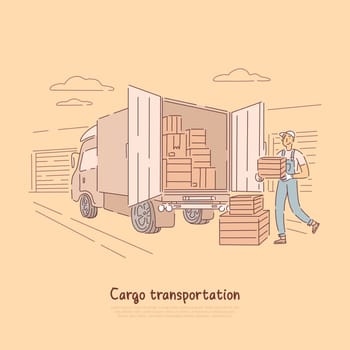 Cargo transportation service, delivery boy carrying box to truck, warehouse worker, courier loading containers banner. Shipment logistics, distribution concept cartoon sketch. Flat vector illustration