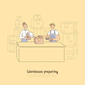 Warehouse workers preparing products for shipment, supervisor checking orders list, handyman packing parcel with duct tape banner. Delivery service concept cartoon sketch. Flat vector illustration