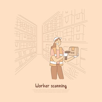 Warehouse worker scanning goods, female merchandiser holding digital barcode scanner, registering products banner. Storehouse orders inventory concept cartoon sketch. Flat vector illustration