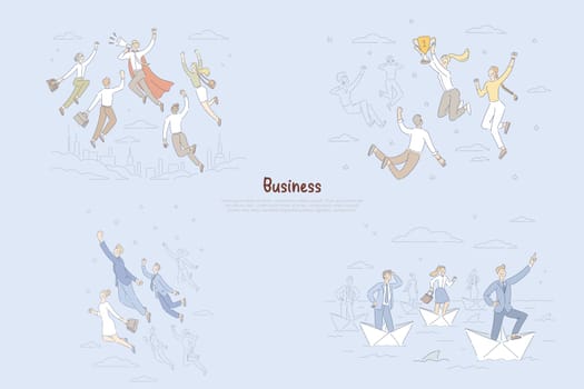 Business achievements, reaching stars metaphor, ambitious people getting promotion, career goals banner. Superhero boss leading to victory concept cartoon sketch. Flat vector illustration