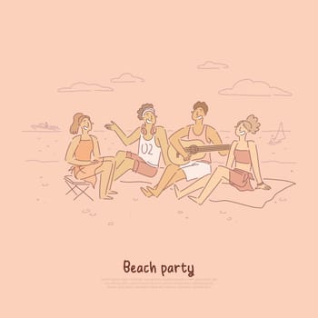 People having chat on shore of sea, ocean, musician playing guitar sitting on sand, summertime vacation activity banner. Beach party cartoon concept sketch. Flat vector illustration