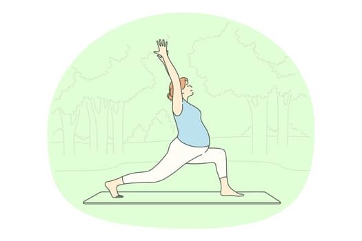 Pregnancy, motherhood, active lifestyle of pregnant woman concept. Young happy pregnant woman cartoon character exercising and practicing yoga and meditation on fitness mat in park outdoors