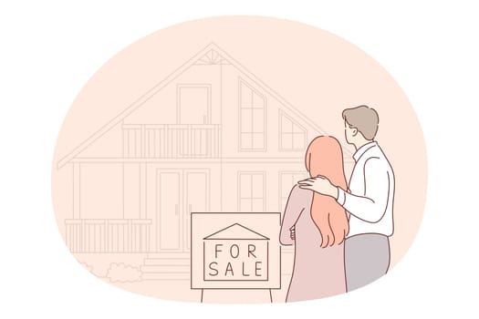 Relocating, dreaming of new apartment concept. Young happy couple cartoon characters standing backwards and looking at prefect house for sale dreaming of relocating in apartment vector illustration