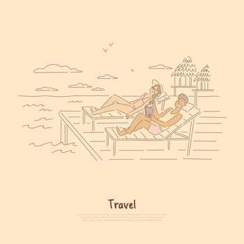 Seaside recreation, couple, friends sunbathing in deck-chairs, suntanned man reading book on sea resort banner. Summertime relax, honeymoon pastime concept cartoon sketch. Flat vector illustration